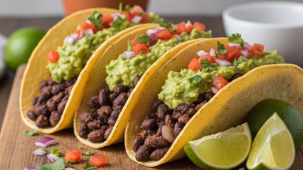 Tacos de Frijol Negro con Guacamole y Pico de Gallo
