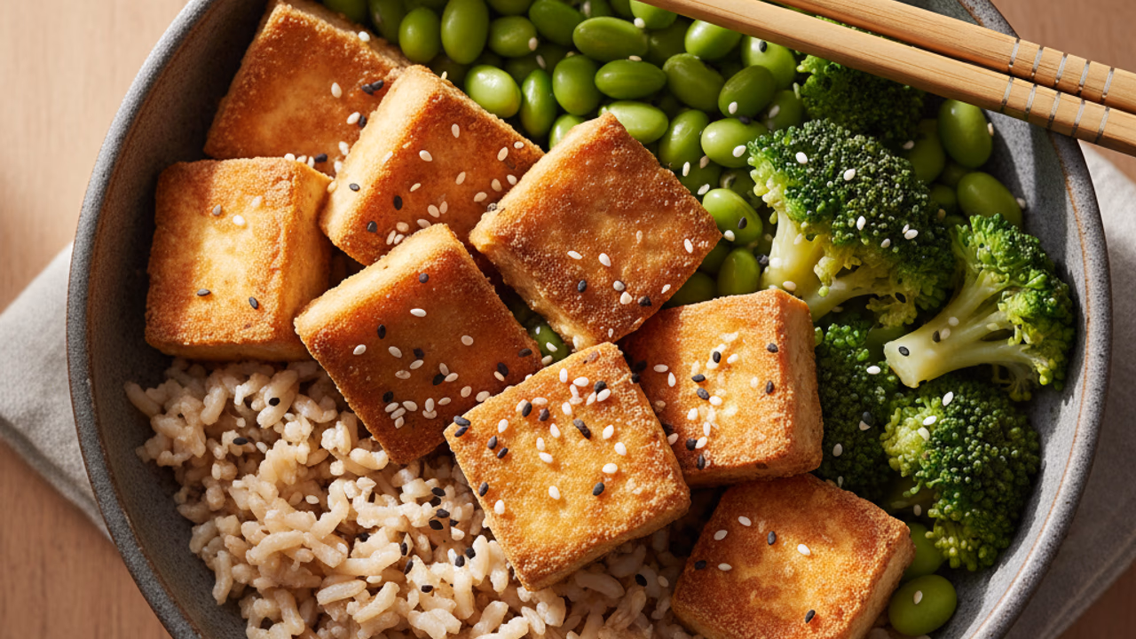 Bowl de Tofu Salteado con Arroz Integral y Edamame
