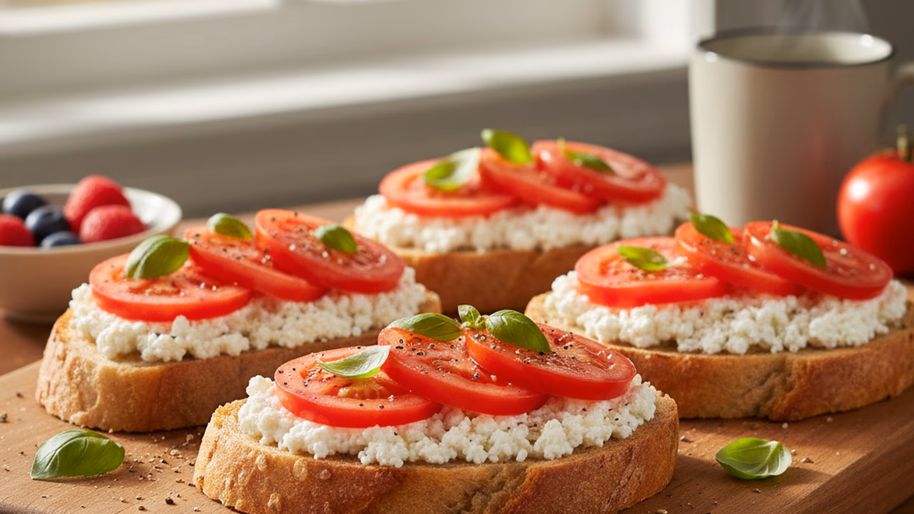 Tostadas de Cottage con Tomate y Albahaca