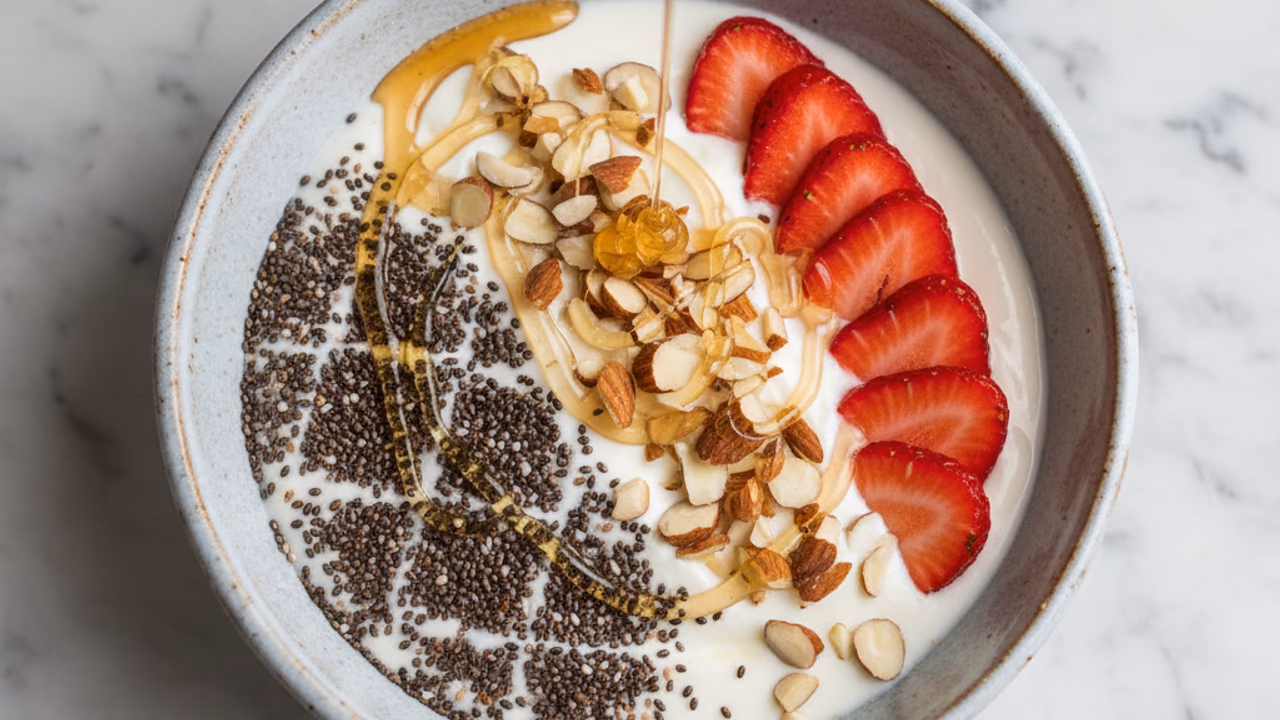 Bowl de Yogur Griego con Almendras, Chía y Miel